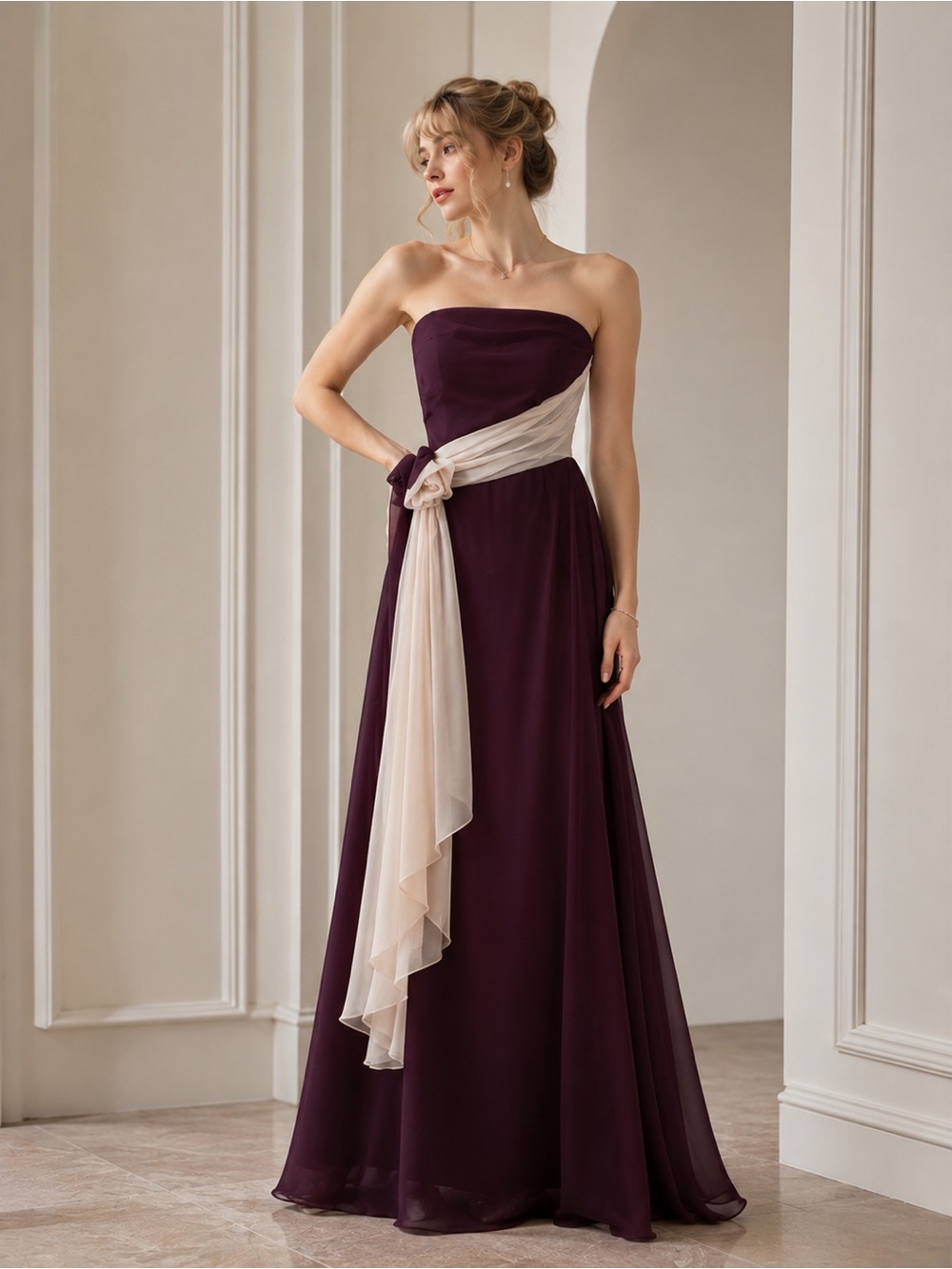 Vintage Jordan Fashion Couture Collection Elegant Plum and Cream Evening Gown